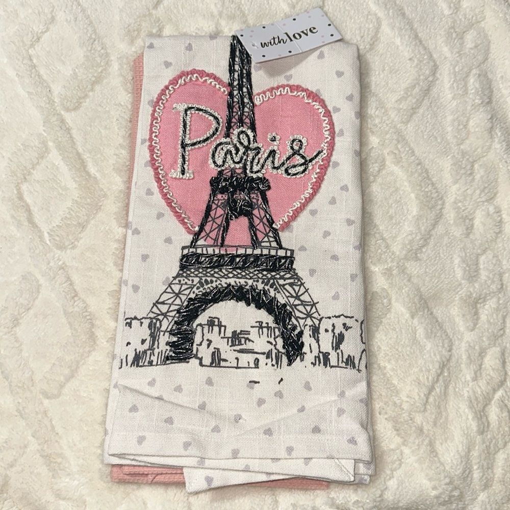 with LOVE Pink Ivory Black Metallic PARIS Eiffel Tower Cotton Kitchen Towels 2pc
